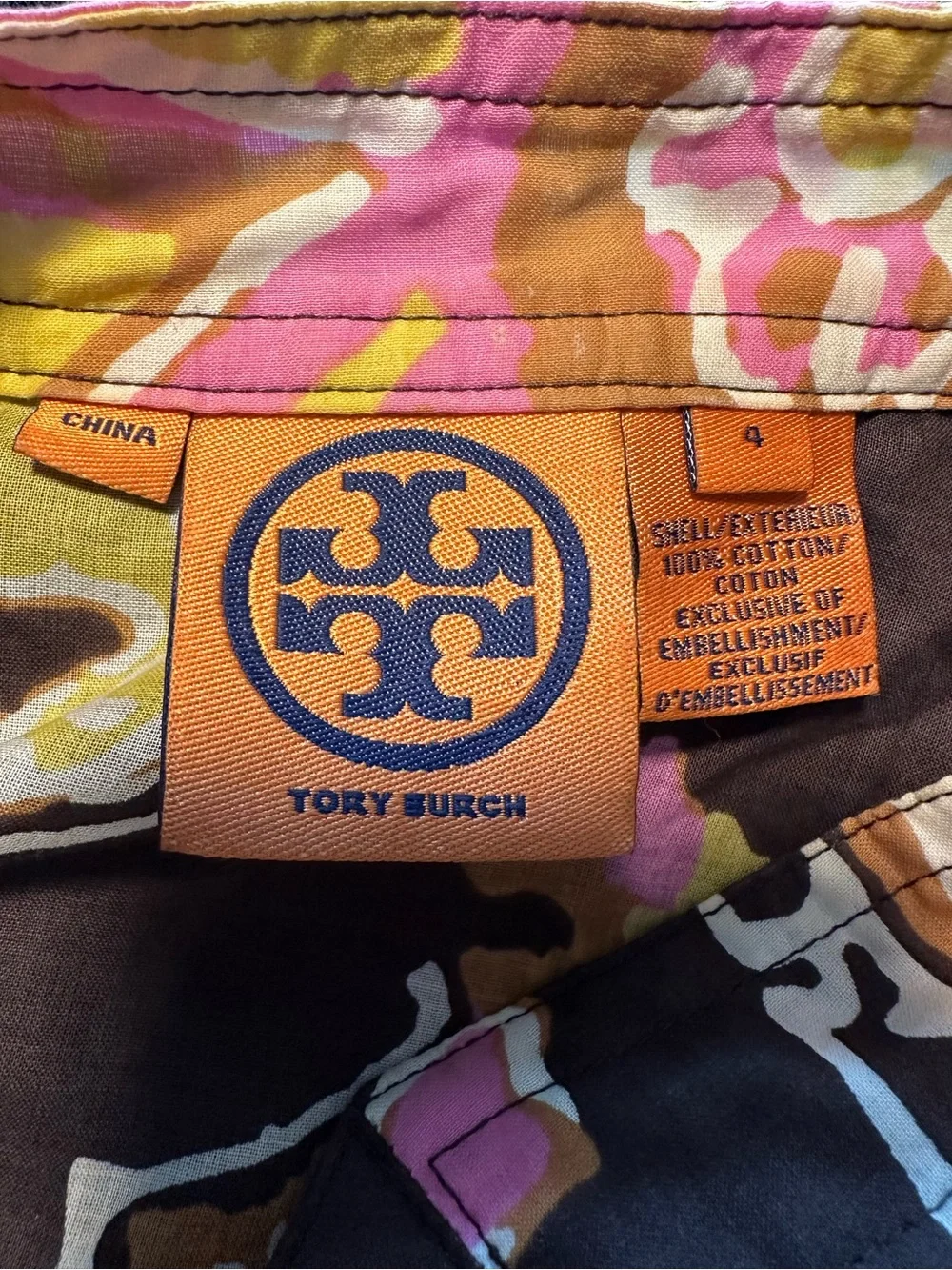 Tory Burch Brown Floral Cotton Tunic with Pink Yellow Flowers and Clear Sequins